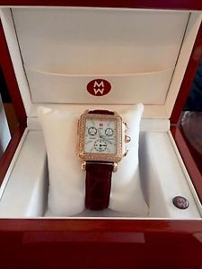Michele Rose Gold Deco Diamond Leather Watch