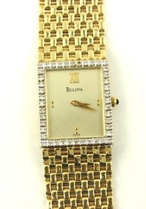 Vintage 14k Yellow Gold Diamond Bulova Ladies Woven Band 22mm Wrist Watch 7.25