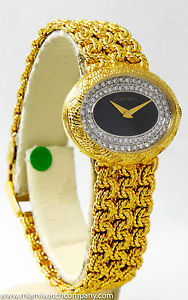 Ladies Juvenia Watch - 18k Gold w/ Factory Diamond & Black Onyx Dial / Box