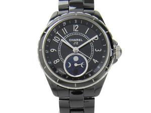 Auth CHANEL Stainless Steel Black Ceramic J12 Phase De Lune Wristwatch Mens