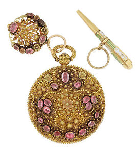 French 18k Tricolor & Pink Gem Fusee Key Wind Early 19th Cent. Pocket Watch