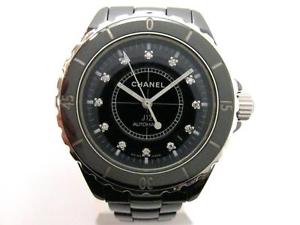Auth CHANEL Ceramic J12 Diamond Dial Watch Wristwatch Men Automatic Black