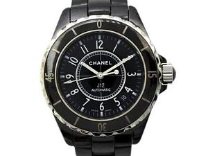 Auth CHANEL Black Ceramic Stainless Steel J12 Chrono Watch Men Automatic