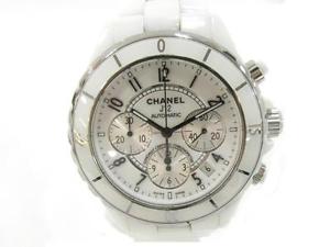 Auth CHANEL Ceramic J12 Chrono Watch Wristwatch Automatic White Men