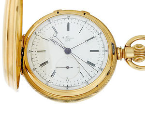 Huguenin 18k Gold Split Second Two Train Hunter Pocket Watch, circa 1880s