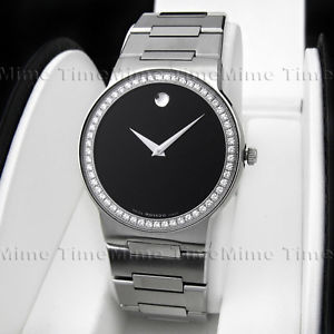 Men's Movado SAFIRO Sapphire Diamond Black Dial Stainless Swiss Watch 0605852