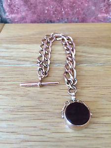 Superb 9ct Rose Gold 1918 George V Albert Watch Chain & Cornelian Swivel Fob