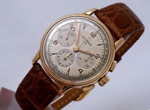 VINTAGE LEMANIA 105 3-REGISTER CHRONOGRAPH 27CH CALIBER 18K GOLD FANCY LUGS 1950