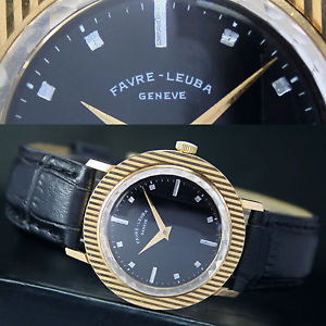 Mens Vintage FAVRE LEUBA Geneve Cal. 423 Winding 18k Solid Gold Watch Black Dial