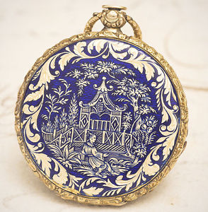 Antique Swiss GOLD &CHINOISERIE ENAMEL Pocket Watch ROCHAT FRERES Chinese Motifs
