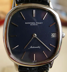 AUTH. THIN AUDEMARS PIGUET, DATE, BLUE DIAL, AUTO, WHITE 18K GOLD