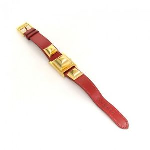 Hermes Medor PM Red Leather x Gold Tone Wrist Watch + Case HA706