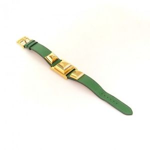 Hermes Medor PM Green Leather x Gold Tone Wrist Watch + Case HA707