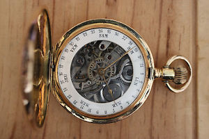 An Unusual Double Dialled Full Hunting Gold 14 Cased Calendar Pocket Watch