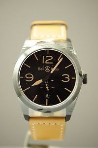 BELL & ROSE VINTAGE BR-123 HERITAGE BLACK STAINLESS STEEL MENS WATCH BROWN STRAP