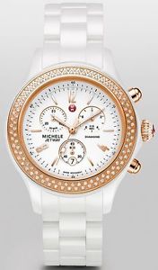 Michele Jetway White Ceramic Diamond Rose Gold Ladies Watch