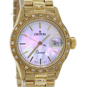 Ladies Croton Solid 14k Gold Date 26mm Quartz Multi Bezel Diamond Watch