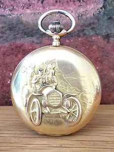 American Full Hunter 18ct Gold 1930s Pocket Watch Repousse Model T Ford & Case