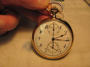 Swiss Split second Chronograph 18 kt gold/working perfectly/about new cond/exc
