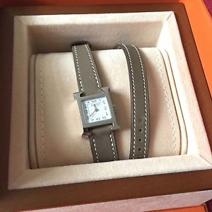 Auth Pre-Owned Hermes Heure H Steel Watch PM Double Tour Taupe Leather Strap