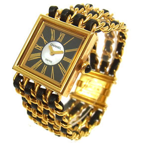 Auth CHANEL CC Mademoiselle Watch Wristwatch Leather 18K Ladies Vintage G01268