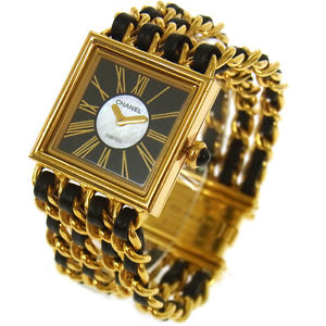 Auth CHANEL CC Mademoiselle Watch Wristwatch Leather 18K Ladies Vintage RG00014