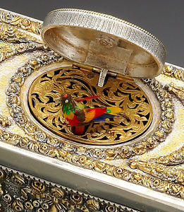 Sterling Silver with Gold Overlay High Relief Repousse Singing Bird Box With Key