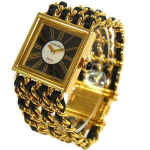 Auth CHANEL CC Logos Mademoiselle Watch Wristwatch Leather 18K Ladies RG00008