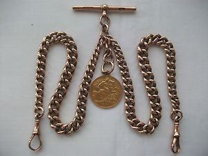9CT SOLID ROSE GOLD,  ALBERT  WATCH CHAIN, + 1911 HALF SOVEREIGN, 47.5 GRAMS