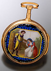 Antique Gilt Verge Fusee Enamel Case Fancy Painted Dial Pocket Watch with Keys