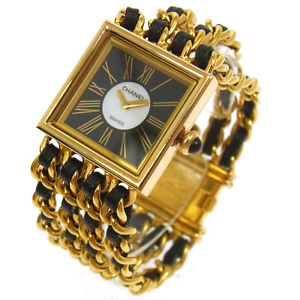 Auth CHANEL CC Mademoiselle Watch Wristwatch Leather 18K Ladies Vintage RG00015