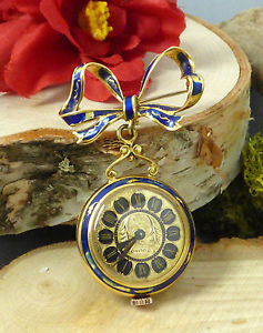 Vtg Toliro 18k Yellow Gold & Enamel Brooch/Pendant Ladies Watch; 17 Jewel Mvmt!!