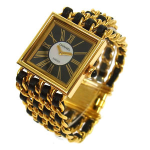 Auth CHANEL CC Mademoiselle Watch Wristwatch Leather 18K Ladies Vintage G01269