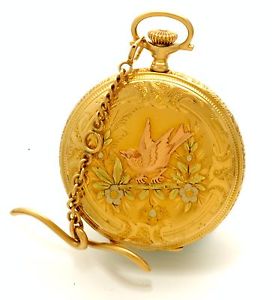 14K Gold Hunter Case Bird Motif Illinois Pocket Watch With T-Bar Chain CA1923