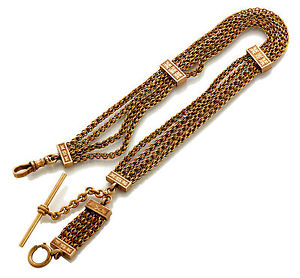Splendid 14K Gold 4-Chain Slide Pocket Watch Chain With Two Slides