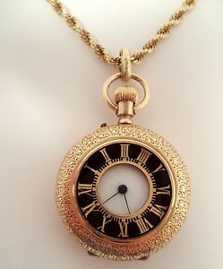14K Gold Demi Hunter Pocket Watch 10 Ruby Cylinder Anchor Back & 28"  14K Chain
