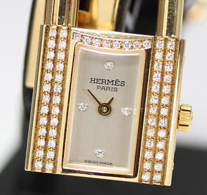 Auth HERMES KELLY WATCH 18K Solid Gold Diamond Bezel Leather Ladies w/BOX_213670