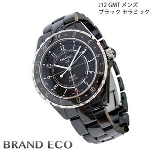 Auth CHANEL J12 GMT mens black ceramic H2012 stainless steel SS watch AT auto...