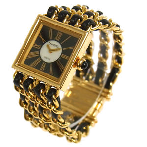 Auth CHANEL CC Logos Mademoiselle Watch Wristwatch Leather 18K Ladies RG00005