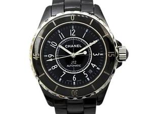 Auth CHANEL J12 Chrono Watch Ceramic Stainless Steel Black Men Automatic