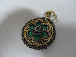 RARE NISYSE 18KT GOLD & SS ENAMEL LAPEL WATCH W ROSE DIAMONDS, EMERALDS, ENAMEL