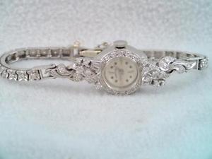 VINTAGE LADIES SOLID 14K WHITE GOLD 64 DIAMOND HAMILTON WATCH BRACELET RUNNING
