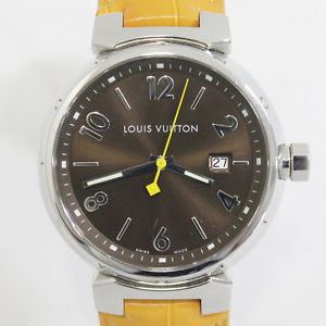 LOUIS VUITTON Tambour Mens Watch Leather Yellow Q1111 Quartz Black SS Good #0407