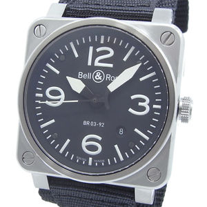 BELL&ROSS Mens Watch Square Silver Polished BR03-92B-R Auto Black SS Mint #0418