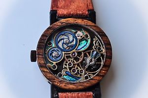 Wooden Mechanical Wrist Watch , Skeleton, Marquetry Dial, Gold, Nacre, Swiss ETA