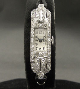 WOW!! PLATINUM & DIAMONDS 30s Lady HENRY SANDOZ ART DECO BAGUETTE SWISS WATCH