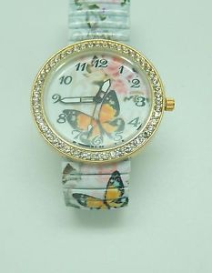 Fashion Watch-stretchy band-round face-butterflies roses-white band yellow blue