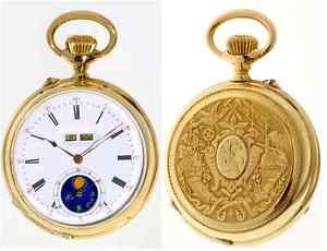 ASTRONOMICAL 18K GOLD POCKET WATCH WITH KALENDAR & MOON PHASE, FINE DECORATED