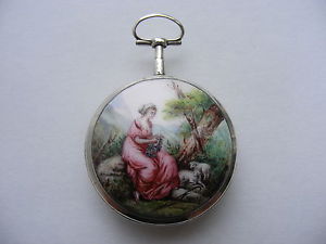 1760  French Verge Fusee Poly Enameled Back & Dial Silver Case Pocket Watch