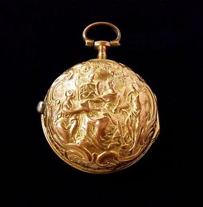 1728 Richards London Gold Repousse Verge Fusee Pocket Watch Square Pillars